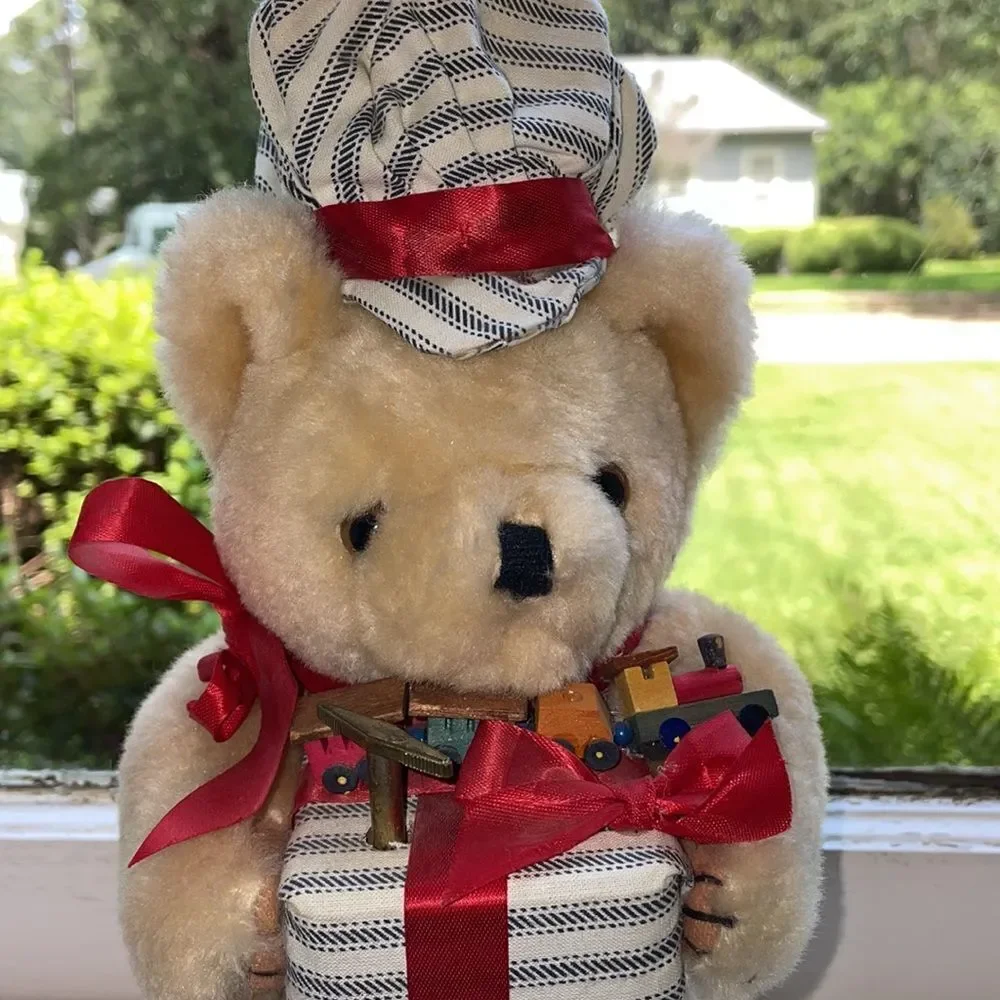 Vintage tan railroad engineer Teddy Bear with wooden train & music box‎